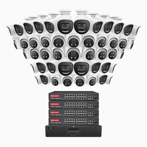 AH800 - 4K 64 Channel PoE Security System with 24 Bullet & 24 Turret Cameras, 1/1.8'' BSI Sensor, f/1.6 Aperture (0.003 Lux), Siren & Strobe Alarm,Two-Way Audio, Human & Vehicle Detection,  Perimeter Protection, Works with Alexa