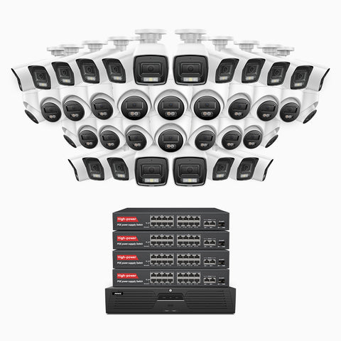 H800 - 4K 64 Channel PoE Security System with 20 Bullet & 20 Turret Cameras, Human & Vehicle Detection, Color & IR Night Vision, Built-in Mic, RTSP Supported, 16-Port PoE Switch Included