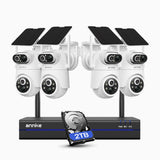 WBS400P - 4MP 8 Channel 4 Dual-Lens Cameras Outdoor Wireless NVR Security System w/ 2TB HDD, 100% Wire-Free, 9000mAh Battery & Solar Powered, 350° Pan & 90° Tilt, PIR Human Detection, Two-Way Audio