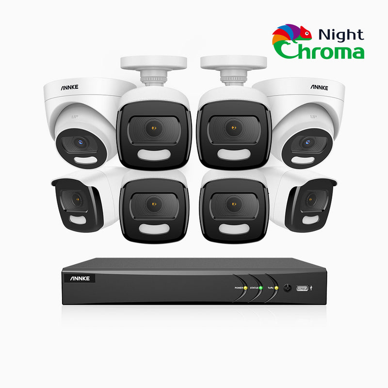 NightChroma<sup>TM</sup> NCK500 - 3K 16 Channel PoE Security System with 6 Bullet & 2 Turret Cameras, Acme Color Night Vision, f/1.0 Super Aperture, Active Alignment, Built-in Microphone, IP67