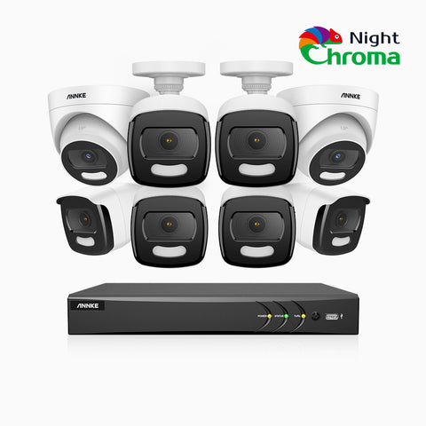 NightChroma<sup>TM</sup> NCK500 - 3K 16 Channel PoE Security System with 6 Bullet & 2 Turret Cameras, Acme Color Night Vision, f/1.0 Super Aperture, Active Alignment, Built-in Microphone, IP67