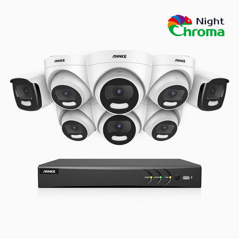 NightChroma<sup>TM</sup> NCK500 - 3K 16 Channel PoE Security System with 2 Bullet & 6 Turret Cameras, Acme Color Night Vision, f/1.0 Super Aperture, Active Alignment, Built-in Microphone, IP67