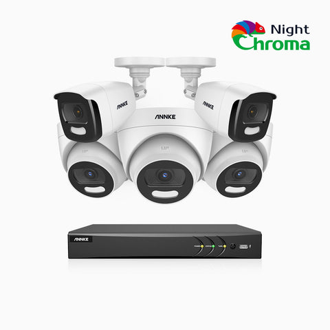 NightChroma<sup>TM</sup> NCK400 - 4MP 8 Channel PoE Security System with 2 Bullet & 3 Turret Cameras, Acme Color Night Vision, f/1.0 Super Aperture, Active Alignment, Built-in Microphone, IP67