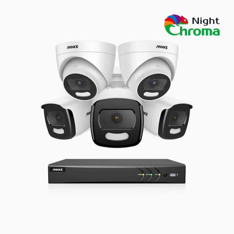 NightChroma<sup>TM</sup> NCK500 - 3K 8 Channel PoE Security System with 3 Bullet & 2 Turret Cameras, Acme Color Night Vision, f/1.0 Super Aperture, Active Alignment, Built-in Microphone, IP67