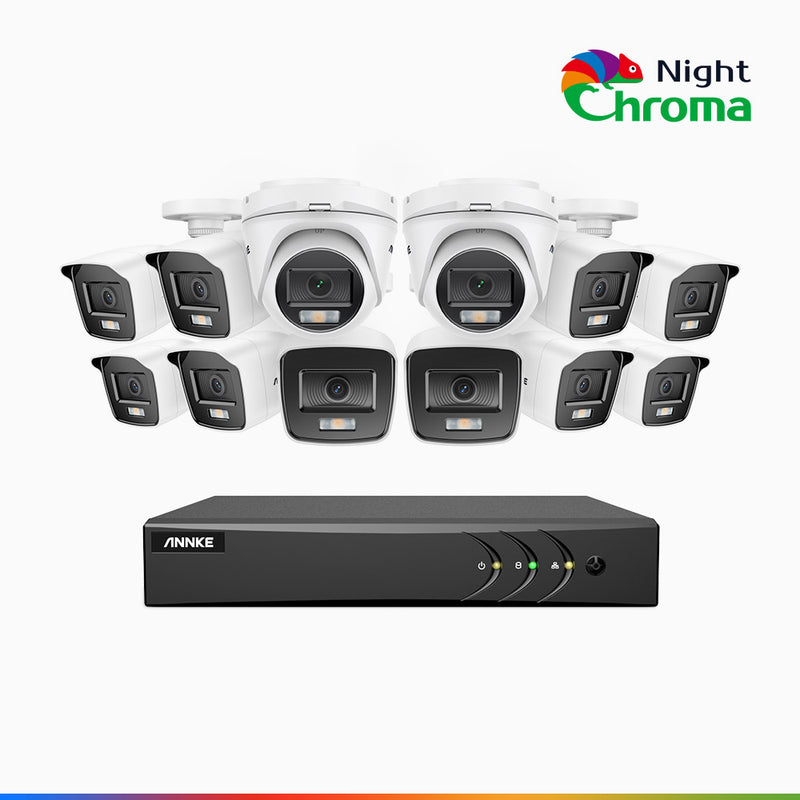 NightChroma<sup>TM</sup> NAK200 - 1080P 16 Channel Wired CCTV System with 10 Bullet & 2 Turret Cameras, Acme Colour Night Vision, f/1.0 Super Aperture, 0.001 Lux, 121° FoV, Active Alignment