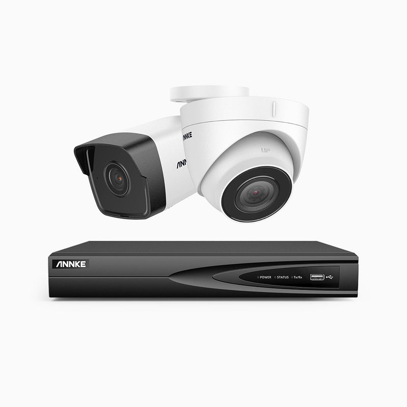 H500 - 3K 4 Channel PoE Security System with 1 Bullet & 1 Turret Cameras, EXIR 2.0 Night Vision, Built-in Mic & SD Card Slot, Works with Alexa ,IP67 Waterproof, RTSP Supported