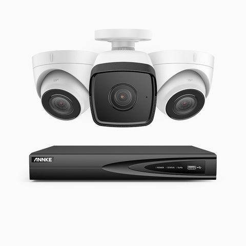 H500 - 3K 4 Channel PoE Security System with 1 Bullet & 2 Turret Cameras, EXIR 2.0 Night Vision, Built-in Mic & SD Card Slot, Works with Alexa ,IP67 Waterproof, RTSP Supported