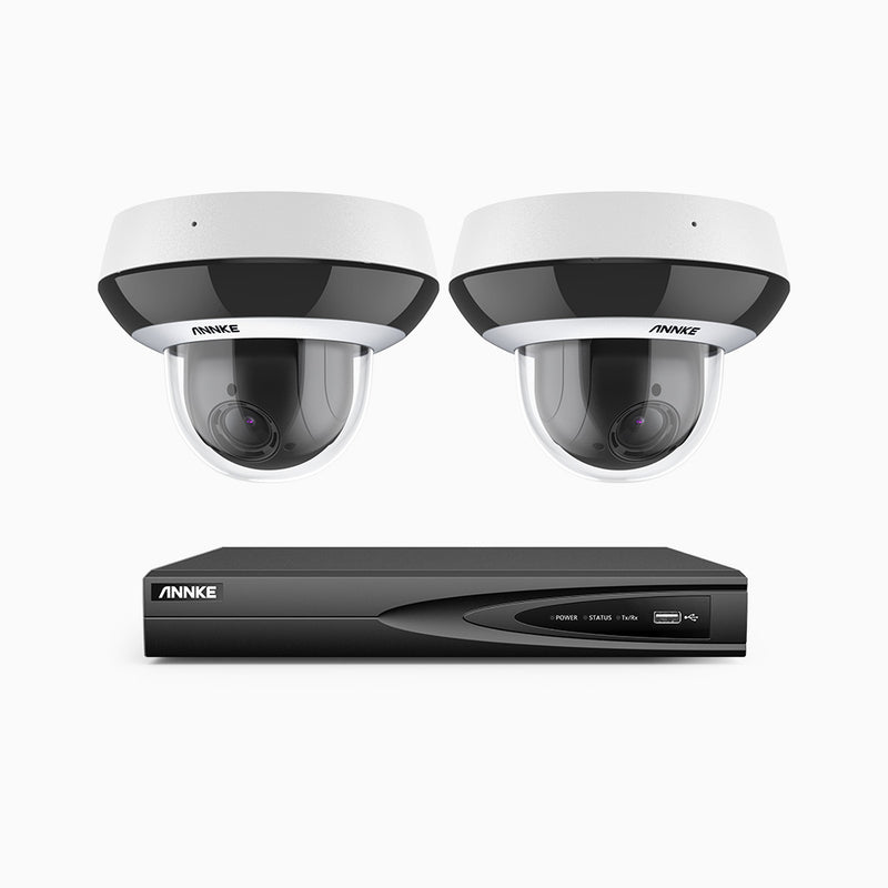 HCZ400 - 4 Channel 2 Cameras PTZ PoE Security System, 4MP Super HD, 4X Optical Zoom, IK10 & IP67, 2.8-12 mm Lens, Intelligent Behavior Analysis, Color Night Vision & Anti-Fog
