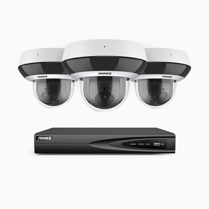 HCZ504 - 4 Channel 3 Cameras PTZ PoE Security System, 3K Super HD, 4X Optical Zoom, IK10 Vandal-Resistant, 2.8-12 mm Lens, Intelligent Behavior Analysis, Color Night Vision & Anti-Fog