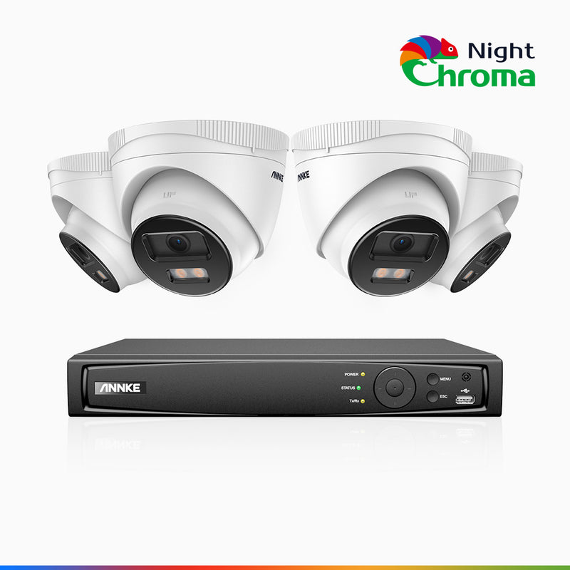 NightChroma<sup>TM</sup> NCK400 - 4MP 8 Channel 4 Cameras PoE Security System, Acme Color Night Vision, f/1.0 Super Aperture, Active Alignment, Built-in Microphone, IP67