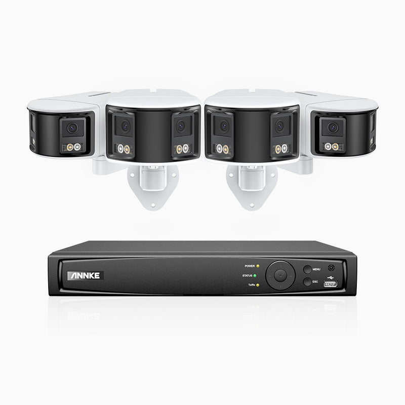 FDH600 - 8 Channel PoE Security System with 4 Dual Lens Cameras, 6MP Resolution, 180° Ultra Wide Angle, f/1.2 Super Aperture, Built-in Microphone, Active Siren & Alarm, Human & Vehicle Detection, 2-Way Audio