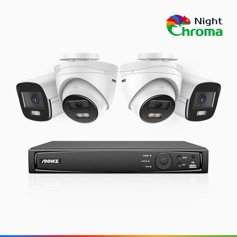 NightChroma<sup>TM</sup> NCK500 - 3K 8 Channel PoE Security System with 2 Bullet & 2 Turret Cameras, Acme Color Night Vision, f/1.0 Super Aperture, Active Alignment, Built-in Microphone, IP67