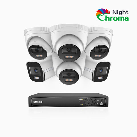 NightChroma<sup>TM</sup> NCK500 - 3K 8 Channel PoE Security System with 2 Bullet & 4 Turret Cameras, Acme Color Night Vision, f/1.0 Super Aperture, Active Alignment, Built-in Microphone, IP67