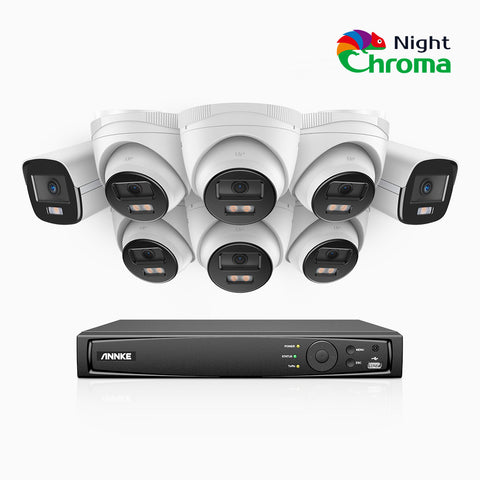 NightChroma<sup>TM</sup> NCK500 - 3K 8 Channel PoE Security System with 2 Bullet & 6 Turret Cameras, Acme Color Night Vision, f/1.0 Super Aperture, Active Alignment, Built-in Microphone, IP67
