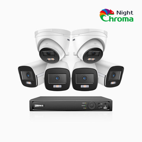 NightChroma<sup>TM</sup> NCK500 - 3K 8 Channel PoE Security System with 4 Bullet & 2 Turret Cameras, Acme Color Night Vision, f/1.0 Super Aperture, Active Alignment, Built-in Microphone, IP67