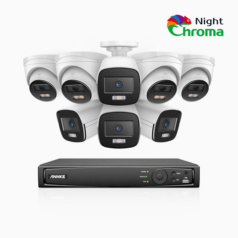 NightChroma<sup>TM</sup> NCK500 - 3K 16 Channel PoE Security System with 4 Bullet & 4 Turret Cameras, Acme Color Night Vision, f/1.0 Super Aperture, Active Alignment, Built-in Microphone, IP67