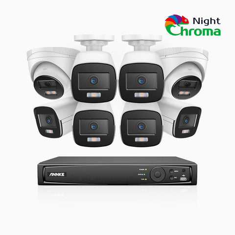 NightChroma<sup>TM</sup> NCK500 - 3K 8 Channel PoE Security System with 6 Bullet & 2 Turret Cameras, Acme Color Night Vision, f/1.0 Super Aperture, Active Alignment, Built-in Microphone, IP67