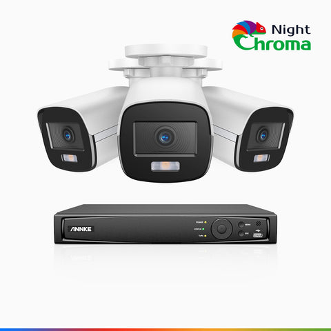 NightChroma<sup>TM</sup> NCK400 - 4MP 8 Channel 3 Cameras PoE Security System, Acme Color Night Vision, f/1.0 Super Aperture, Active Alignment, Built-in Microphone, IP67