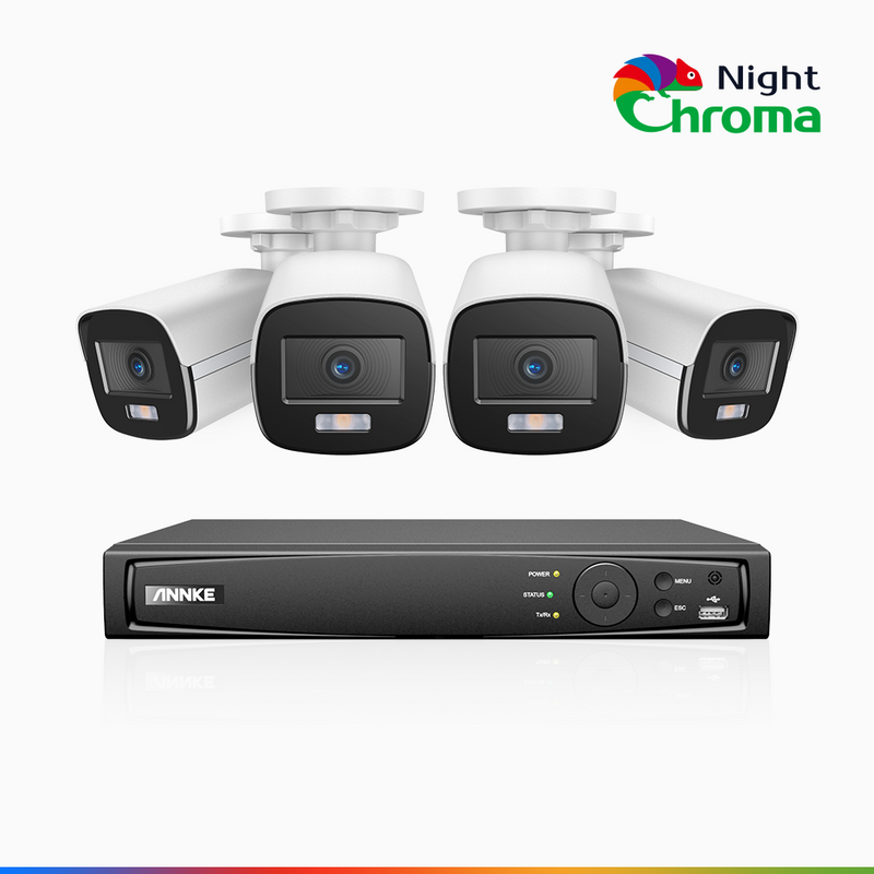 NightChroma<sup>TM</sup> NCK500 - 3K 8 Channel 4 Cameras PoE Security System, Acme Color Night Vision, f/1.0 Super Aperture, Active Alignment, Built-in Microphone, IP67