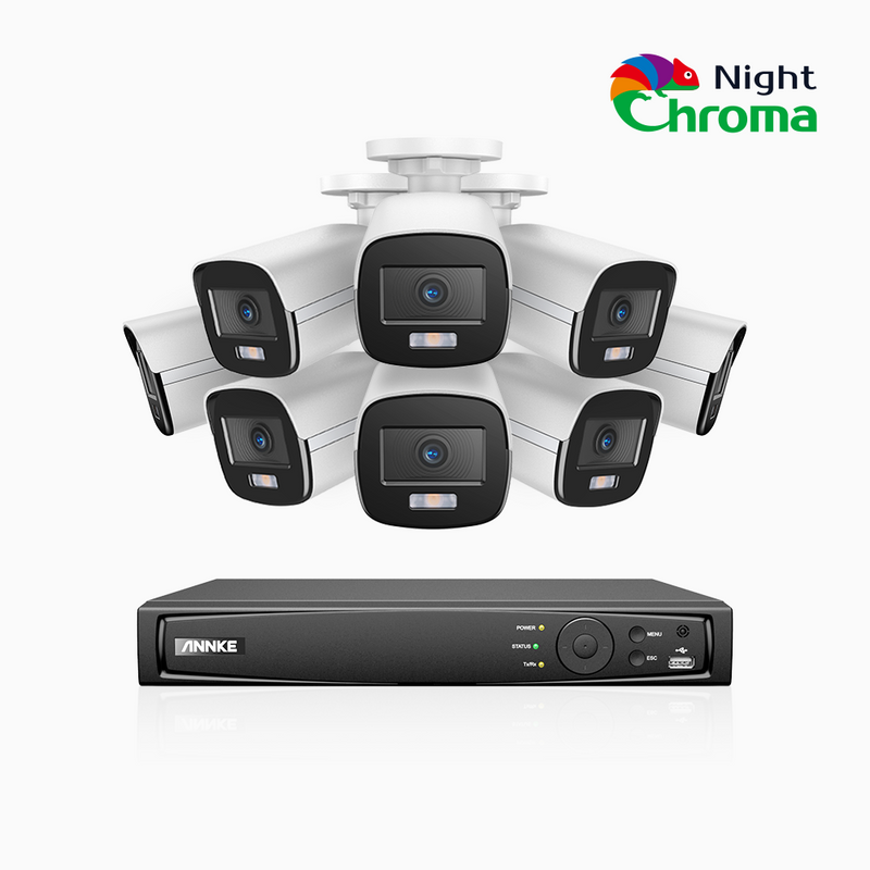 NightChroma<sup>TM</sup> NCK500 - 3K 8 Channel 8 Cameras PoE Security System, Acme Color Night Vision, f/1.0 Super Aperture, Active Alignment, Built-in Microphone, IP67