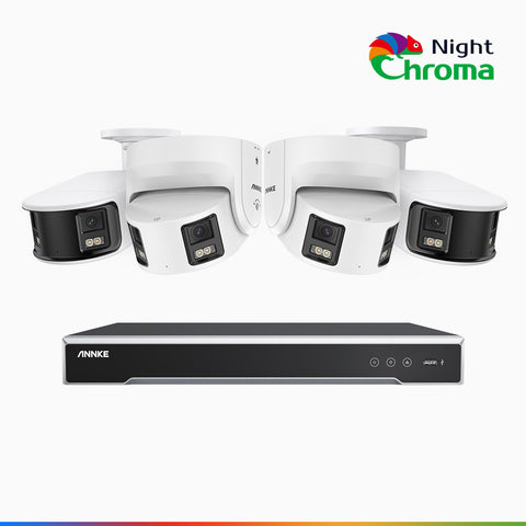 NightChroma<sup>TM</sup> NDK800 – 4K 8 Channel Panoramic Dual Lens PoE Security System with 2 Bullet & 2 Turret Cameras, f/1.0 Super Aperture, Acme Color Night Vision, Active Siren and Strobe, Human & Vehicle Detection, Built-in Mic ,Two-Way Audio
