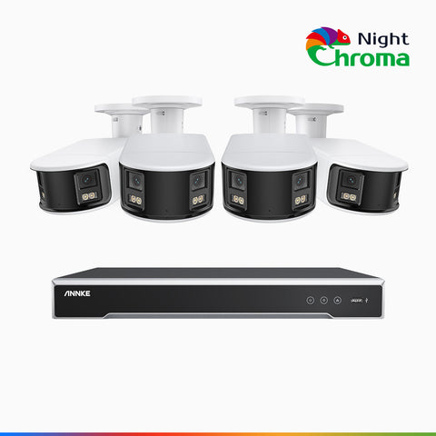 NightChroma<sup>TM</sup> NDK800 – 4K 8 Channel 4 Panoramic Dual Lens Cameras PoE Security System, f/1.0 Super Aperture, Acme Color Night Vision, Active Siren and Strobe, Human & Vehicle Detection, 2CH 4K Decoding Capability, Built-in Mic ,Two-Way Audio