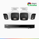 NightChroma<sup>TM</sup> NCK800 – 4K 8 Channel 4 Cameras PoE Security System, f/1.0 Super Aperture, Color Night Vision, 2CH 4K Decoding Capability, Human & Vehicle Detection, Intelligent Behavior Analysis, Built-in Mic, 124° FoV, All-Metal Housing - Bullet / NO HDD