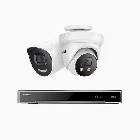 AH800 - 4K 8 Channel PoE Security System with 1 Bullet & 1 Turret Cameras, 1/1.8'' BSI Sensor, f/1.6 Aperture (0.003 Lux), Siren & Strobe Alarm,Two-Way Audio, Human & Vehicle Detection,  Perimeter Protection, Works with Alexa