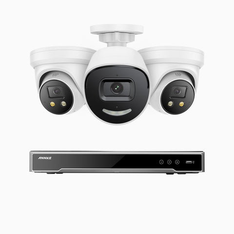 AH800 - 4K 8 Channel PoE Security System with 1 Bullet & 2 Turret Cameras, 1/1.8'' BSI Sensor, f/1.6 Aperture (0.003 Lux), Siren & Strobe Alarm,Two-Way Audio, Human & Vehicle Detection,  Perimeter Protection, Works with Alexa