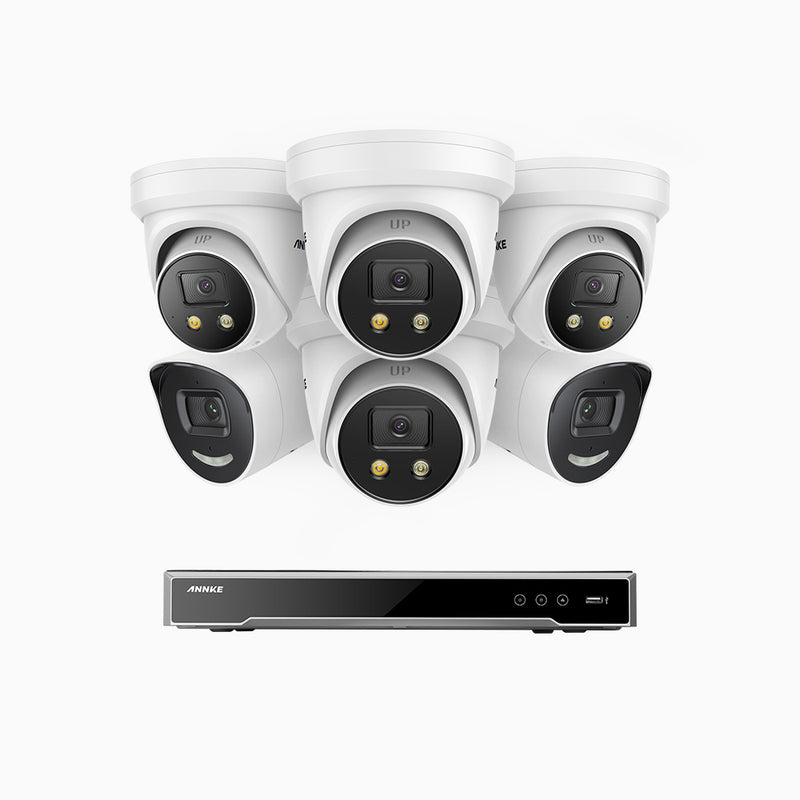 AH800 - 4K 8 Channel PoE Security System with 2 Bullet & 4 Turret Cameras, 1/1.8'' BSI Sensor, f/1.6 Aperture (0.003 Lux), Siren & Strobe Alarm,Two-Way Audio, Human & Vehicle Detection,  Perimeter Protection, Works with Alexa