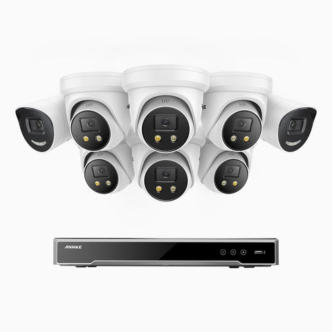 AH800 - 4K 8 Channel PoE Security System with 2 Bullet & 6 Turret Cameras, 1/1.8'' BSI Sensor, f/1.6 Aperture (0.003 Lux), Siren & Strobe Alarm,Two-Way Audio, Human & Vehicle Detection,  Perimeter Protection, Works with Alexa