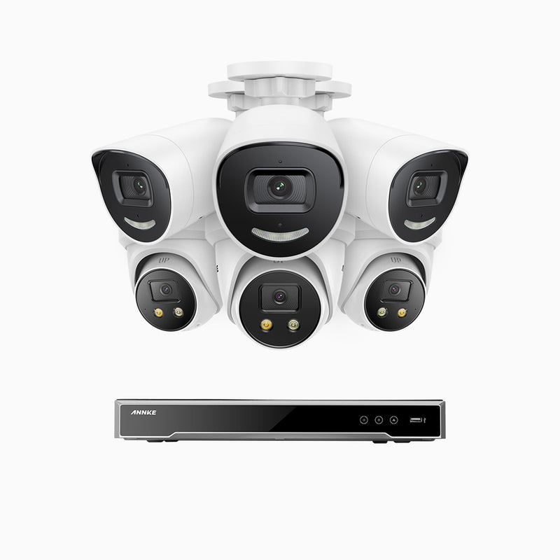 AH800 - 4K 8 Channel PoE Security System with 3 Bullet & 3 Turret Cameras, 1/1.8'' BSI Sensor, f/1.6 Aperture (0.003 Lux), Siren & Strobe Alarm,Two-Way Audio, Human & Vehicle Detection,  Perimeter Protection, Works with Alexa