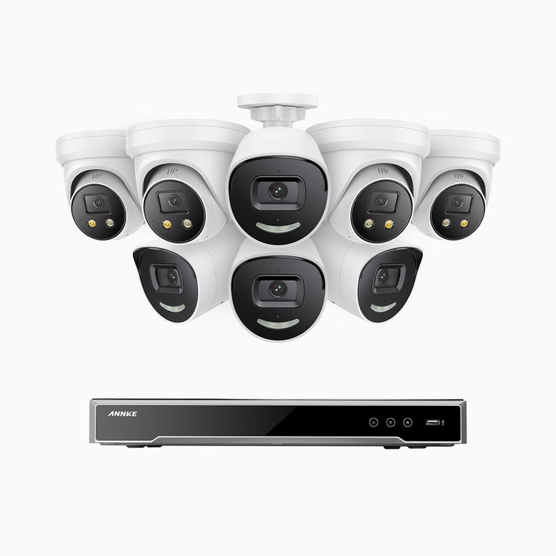 AH800 - 4K 8 Channel PoE Security System with 4 Bullet & 4 Turret Cameras, 1/1.8'' BSI Sensor, f/1.6 Aperture (0.003 Lux), Siren & Strobe Alarm,Two-Way Audio, Human & Vehicle Detection,  Perimeter Protection, Works with Alexa