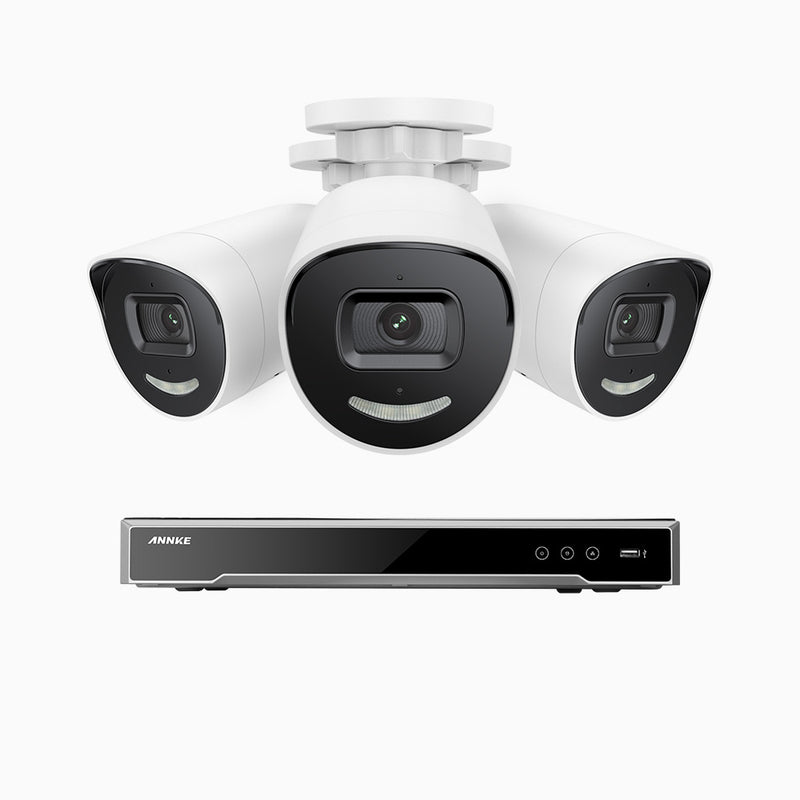 AH800 - 4K 8 Channel 3 Cameras PoE Security System, 1/1.8'' BSI Sensor, f/1.6 Aperture (0.003 Lux), Siren & Strobe Alarm,Two-Way Audio, Human & Vehicle Detection,  Perimeter Protection, Works with Alexa