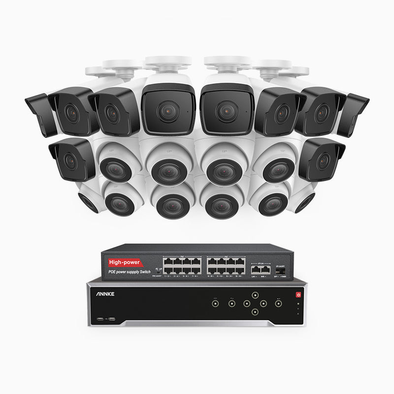 H500 - 3K 32 Channel PoE Security System with 10 Bullet & 10 Turret Cameras, EXIR 2.0 Night Vision, Built-in Mic & SD Card Slot, Works with Alexa, 16-Port PoE Switch Included ,IP67 Waterproof, RTSP Supported