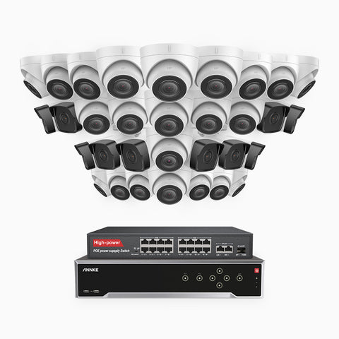 H500 - 3K 32 Channel PoE Security System with 10 Bullet & 22 Turret Cameras, EXIR 2.0 Night Vision, Built-in Mic & SD Card Slot, Works with Alexa, 16-Port PoE Switch Included ,IP67 Waterproof, RTSP Supported