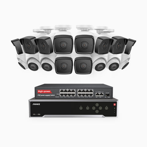 H500 - 3K 32 Channel PoE Security System with 10 Bullet & 6 Turret Cameras, EXIR 2.0 Night Vision, Built-in Mic & SD Card Slot, Works with Alexa, 16-Port PoE Switch Included ,IP67 Waterproof, RTSP Supported