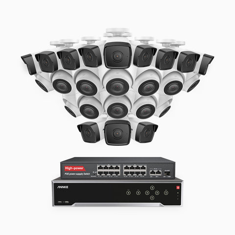 H500 - 3K 32 Channel PoE Security System with 12 Bullet & 12 Turret Cameras, EXIR 2.0 Night Vision, Built-in Mic & SD Card Slot, Works with Alexa, 16-Port PoE Switch Included ,IP67 Waterproof, RTSP Supported