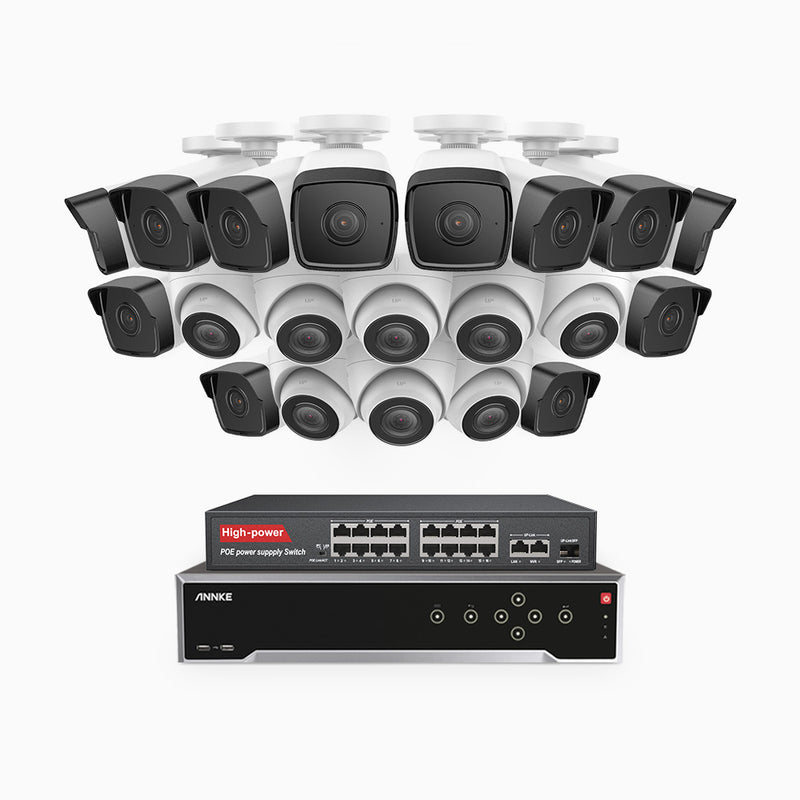 H500 - 3K 32 Channel PoE Security System with 12 Bullet & 8 Turret Cameras, EXIR 2.0 Night Vision, Built-in Mic & SD Card Slot, Works with Alexa, 16-Port PoE Switch Included ,IP67 Waterproof, RTSP Supported