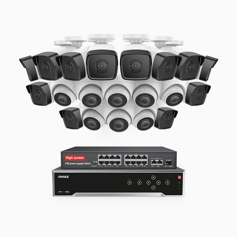 H500 - 3K 32 Channel PoE Security System with 12 Bullet & 8 Turret Cameras, EXIR 2.0 Night Vision, Built-in Mic & SD Card Slot, Works with Alexa, 16-Port PoE Switch Included ,IP67 Waterproof, RTSP Supported