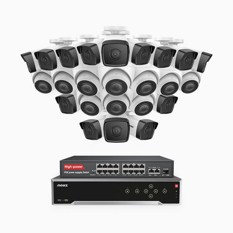 H500 - 3K 32 Channel PoE Security System with 14 Bullet & 10 Turret Cameras, EXIR 2.0 Night Vision, Built-in Mic & SD Card Slot, Works with Alexa, 16-Port PoE Switch Included ,IP67 Waterproof, RTSP Supported