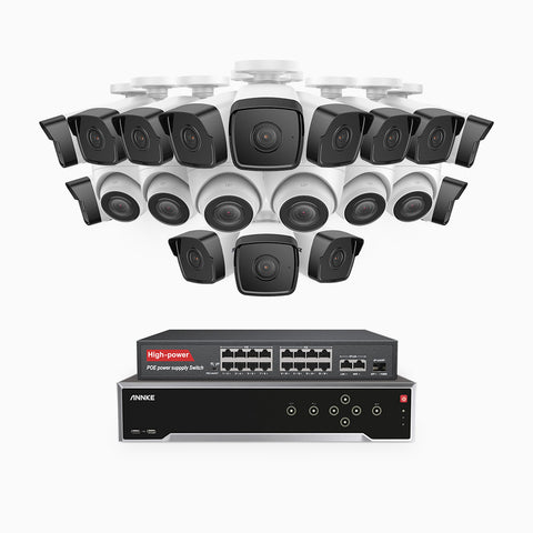 H500 - 3K 32 Channel PoE Security System with 14 Bullet & 6 Turret Cameras, EXIR 2.0 Night Vision, Built-in Mic & SD Card Slot, Works with Alexa, 16-Port PoE Switch Included ,IP67 Waterproof, RTSP Supported
