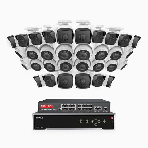 H500 - 3K 32 Channel PoE Security System with 16 Bullet & 16 Turret Cameras, EXIR 2.0 Night Vision, Built-in Mic & SD Card Slot, Works with Alexa, 16-Port PoE Switch Included ,IP67 Waterproof, RTSP Supported