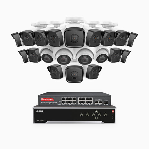 H500 - 3K 32 Channel PoE Security System with 16 Bullet & 4 Turret Cameras, EXIR 2.0 Night Vision, Built-in Mic & SD Card Slot, Works with Alexa, 16-Port PoE Switch Included ,IP67 Waterproof, RTSP Supported