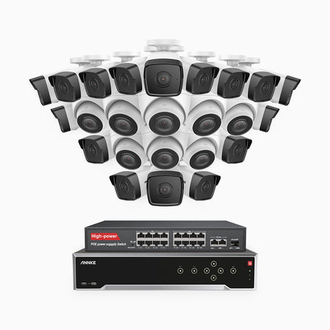 H500 - 3K 32 Channel PoE Security System with 16 Bullet & 8 Turret Cameras, EXIR 2.0 Night Vision, Built-in Mic & SD Card Slot, Works with Alexa, 16-Port PoE Switch Included ,IP67 Waterproof, RTSP Supported