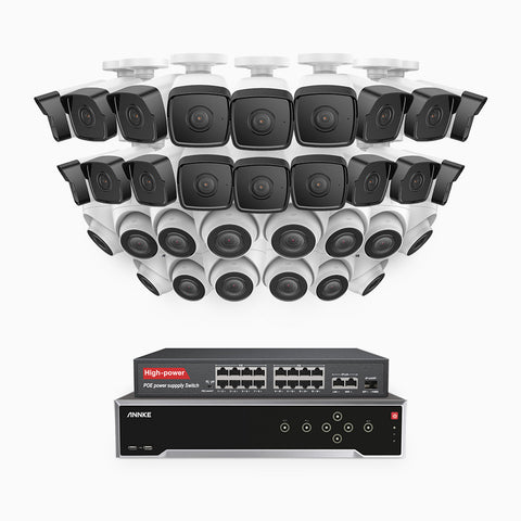 H500 - 3K 32 Channel PoE Security System with 18 Bullet & 14 Turret Cameras, EXIR 2.0 Night Vision, Built-in Mic & SD Card Slot, Works with Alexa, 16-Port PoE Switch Included ,IP67 Waterproof, RTSP Supported