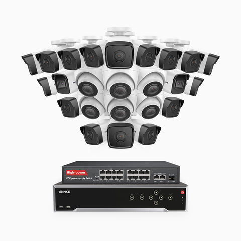 H500 - 3K 32 Channel PoE Security System with 18 Bullet & 6 Turret Cameras, EXIR 2.0 Night Vision, Built-in Mic & SD Card Slot, Works with Alexa, 16-Port PoE Switch Included ,IP67 Waterproof, RTSP Supported