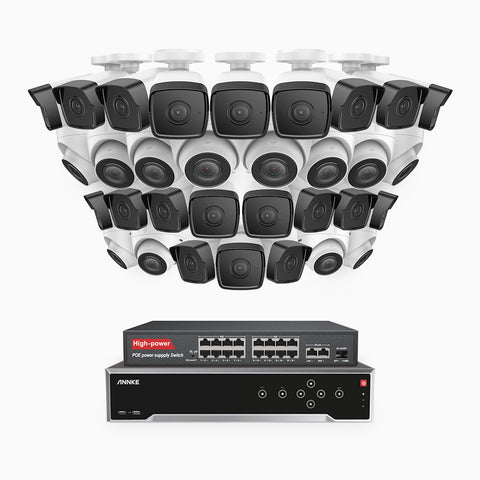 H500 - 3K 32 Channel PoE Security System with 20 Bullet & 12 Turret Cameras, EXIR 2.0 Night Vision, Built-in Mic & SD Card Slot, Works with Alexa, 16-Port PoE Switch Included ,IP67 Waterproof, RTSP Supported