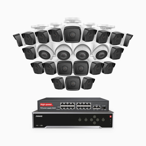H500 - 3K 32 Channel PoE Security System with 20 Bullet & 4 Turret Cameras, EXIR 2.0 Night Vision, Built-in Mic & SD Card Slot, Works with Alexa, 16-Port PoE Switch Included ,IP67 Waterproof, RTSP Supported