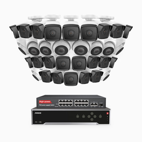 H500 - 3K 32 Channel PoE Security System with 22 Bullet & 10 Turret Cameras, EXIR 2.0 Night Vision, Built-in Mic & SD Card Slot, Works with Alexa, 16-Port PoE Switch Included ,IP67 Waterproof, RTSP Supported